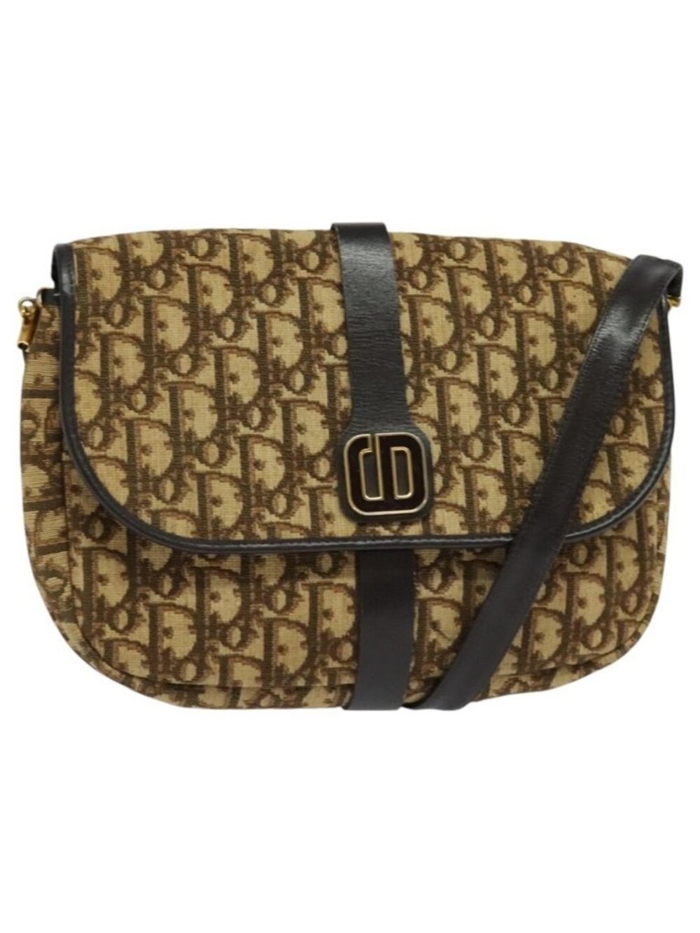 Authentic Christian Dior Trotter Canvas Shoulder Bag Brown Gold